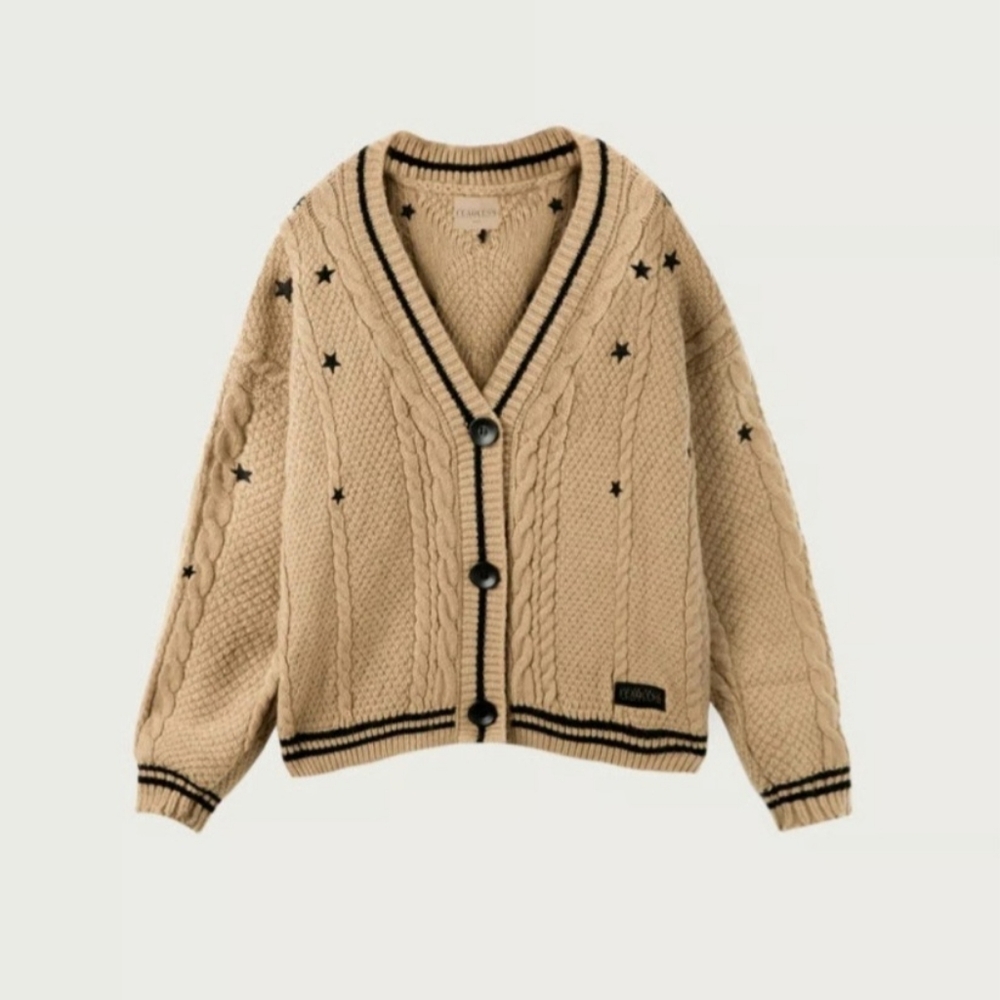 Beige Cardigan with Black Star Accents